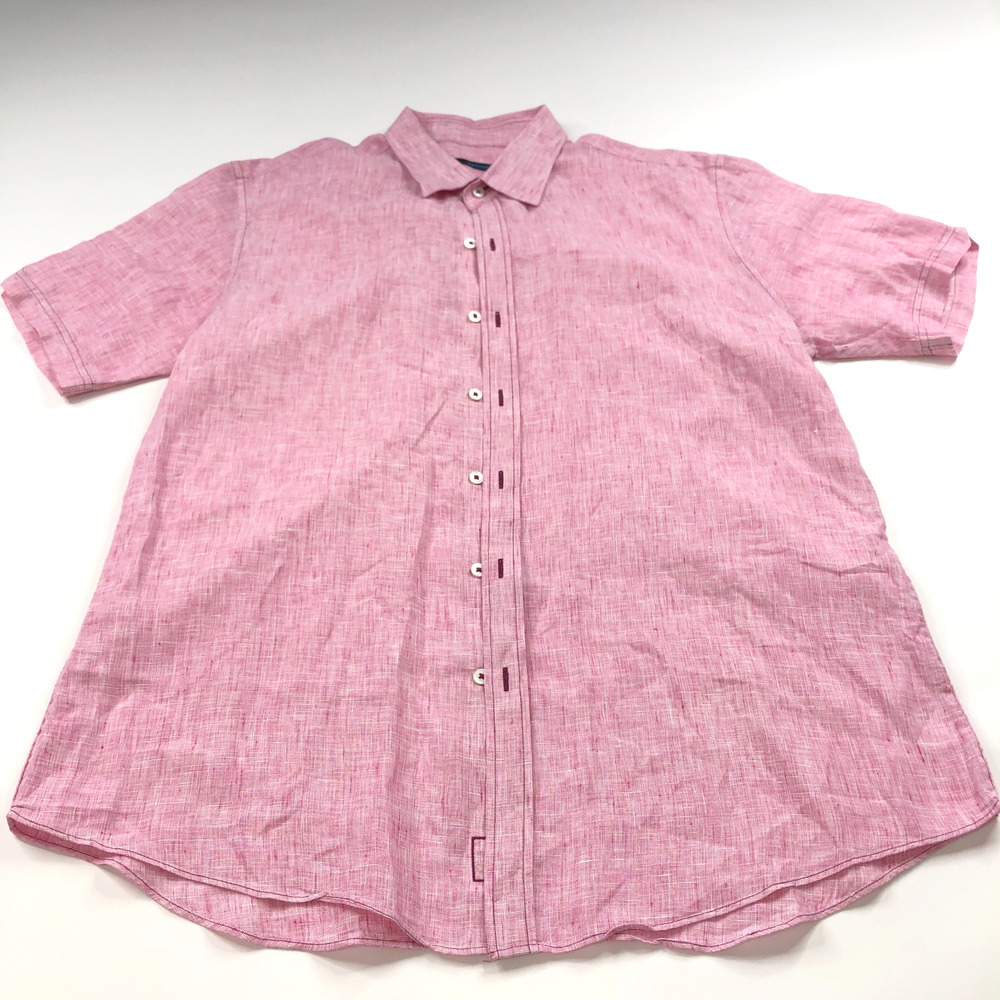 Zachary Prell XL 100% Linen Button Short Sleeve Collared Shirt Red MINT